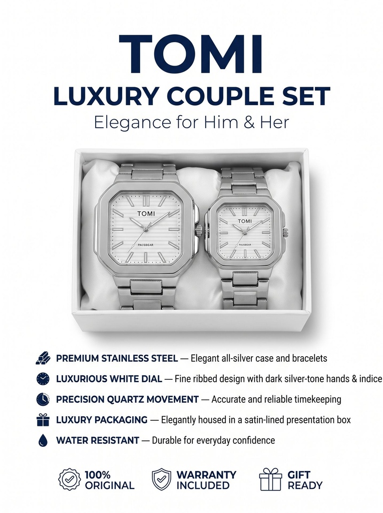 TOMI Luxury Couple Set (white dial gold bezel)